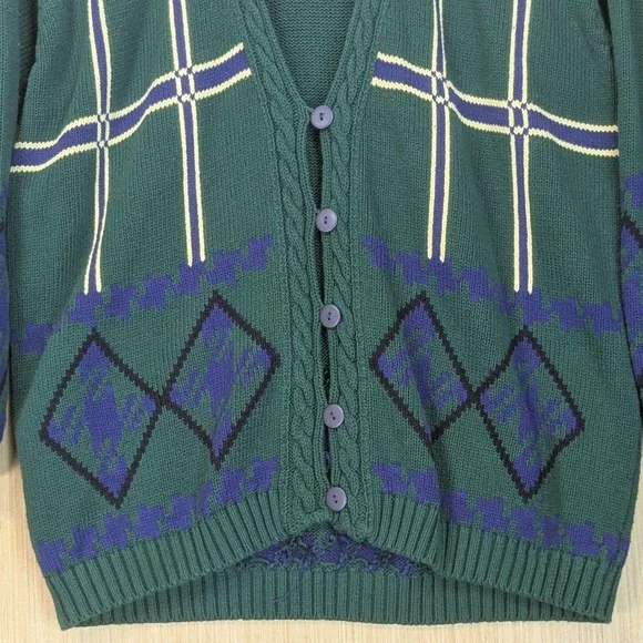 Picone Cardigan Sweater Womens Large Green Argyle Plaid‎ Grandpa Oversized Retro - Picture 3 of 8